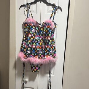 Eye Print bodysuit with Pink Fur Trim babydol clothing
